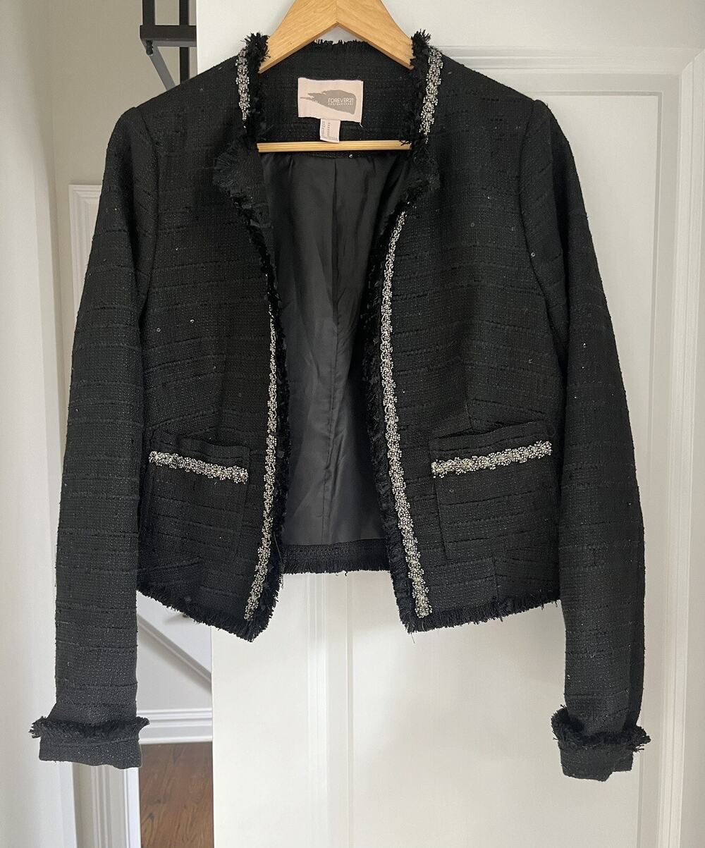 Forever 21 Women’s Sequin Bead Jacket Size Medium Black Blazer